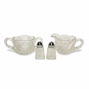 Vintage Cut Glass Creamer Pitcher Sugar Bowl Salt & Pepper Shaker Set Art Deco